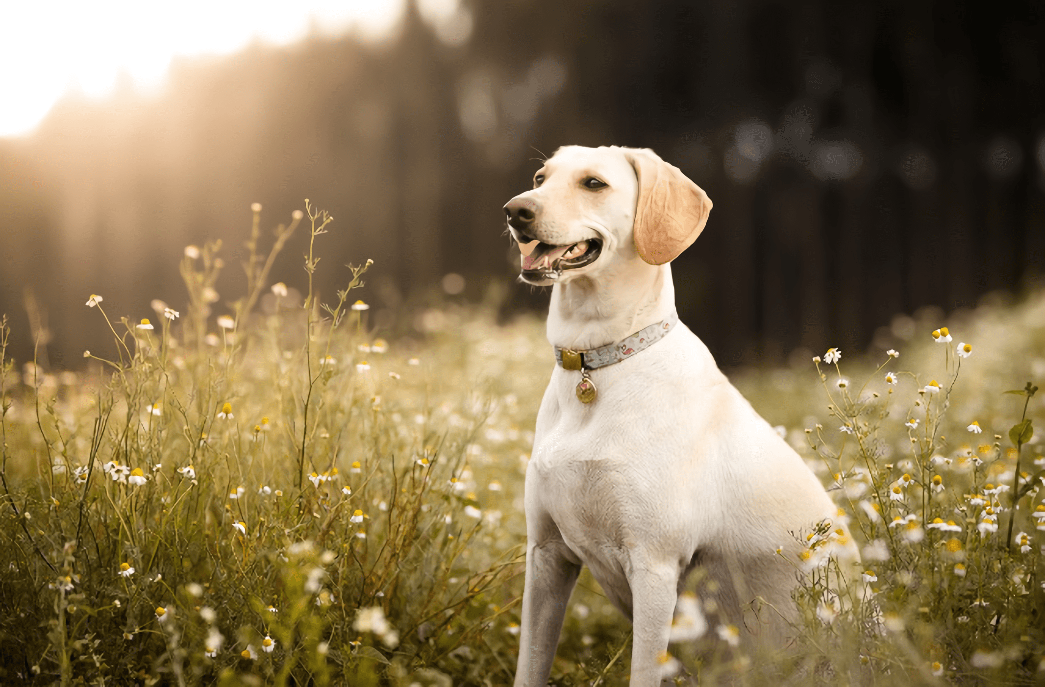 dog in field with sun setting whole pet